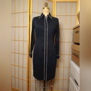 Vintage Express Button Front Collared Dress with Cream Piping and French Cuffs